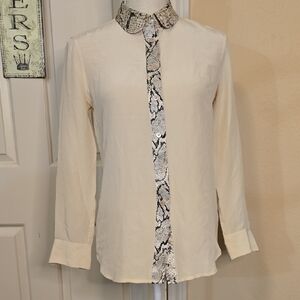 Equipment Femme 100% Silk Cream Button Down Shirt with Snakeskin Detail